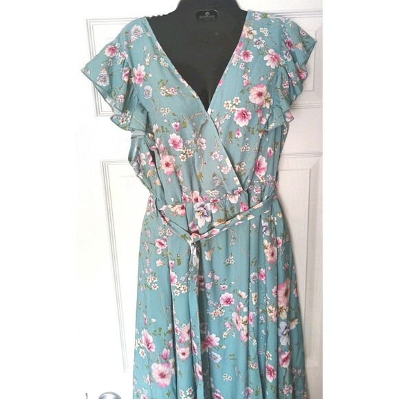 Bloom Chic Dress Sz 14/16 Flutter Sleeve Belted Floral Mint Feminine Cottagecore - Picture 5 of 9